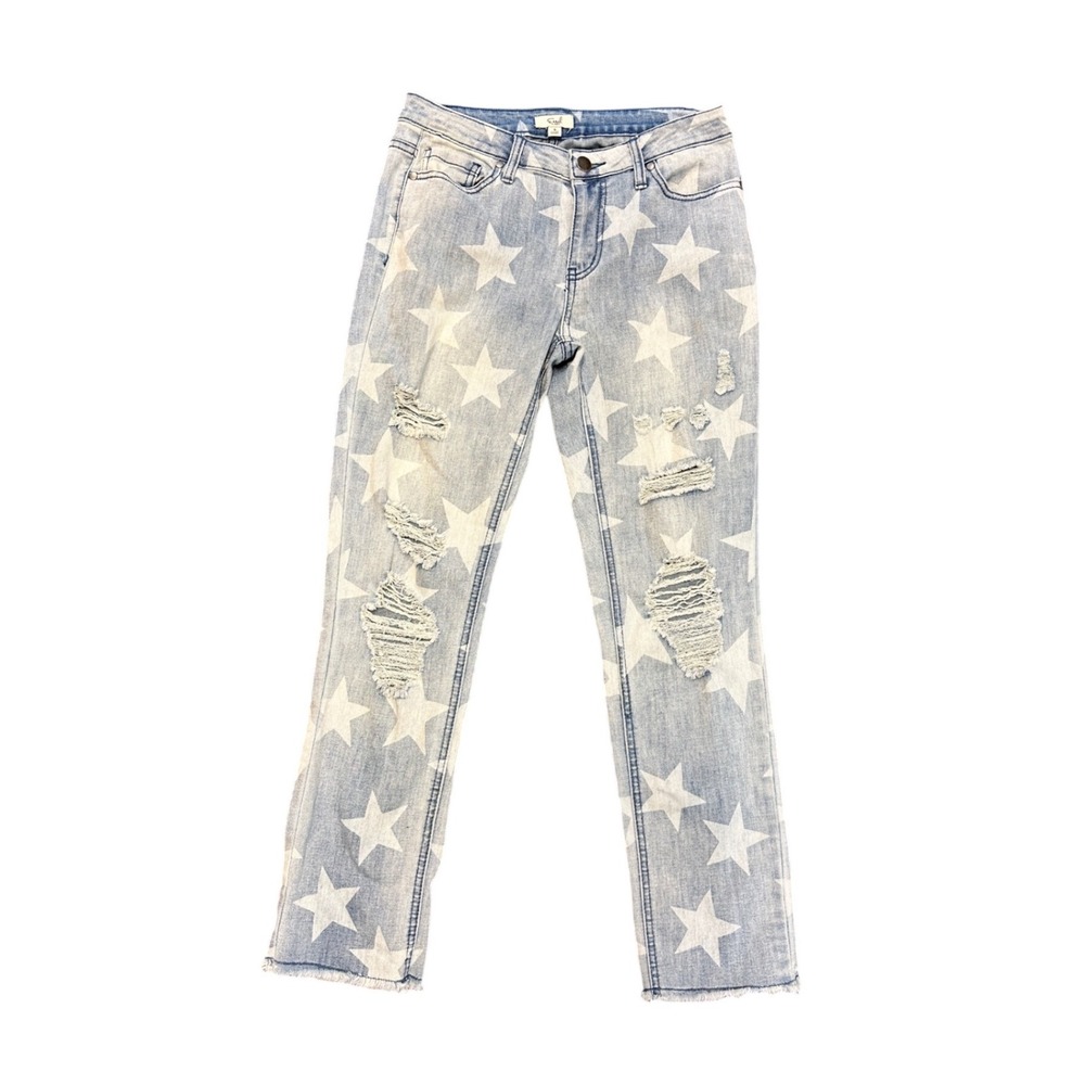 Easel Los Angeles Star Print Distressed Jeans Light Wash Womens Small
